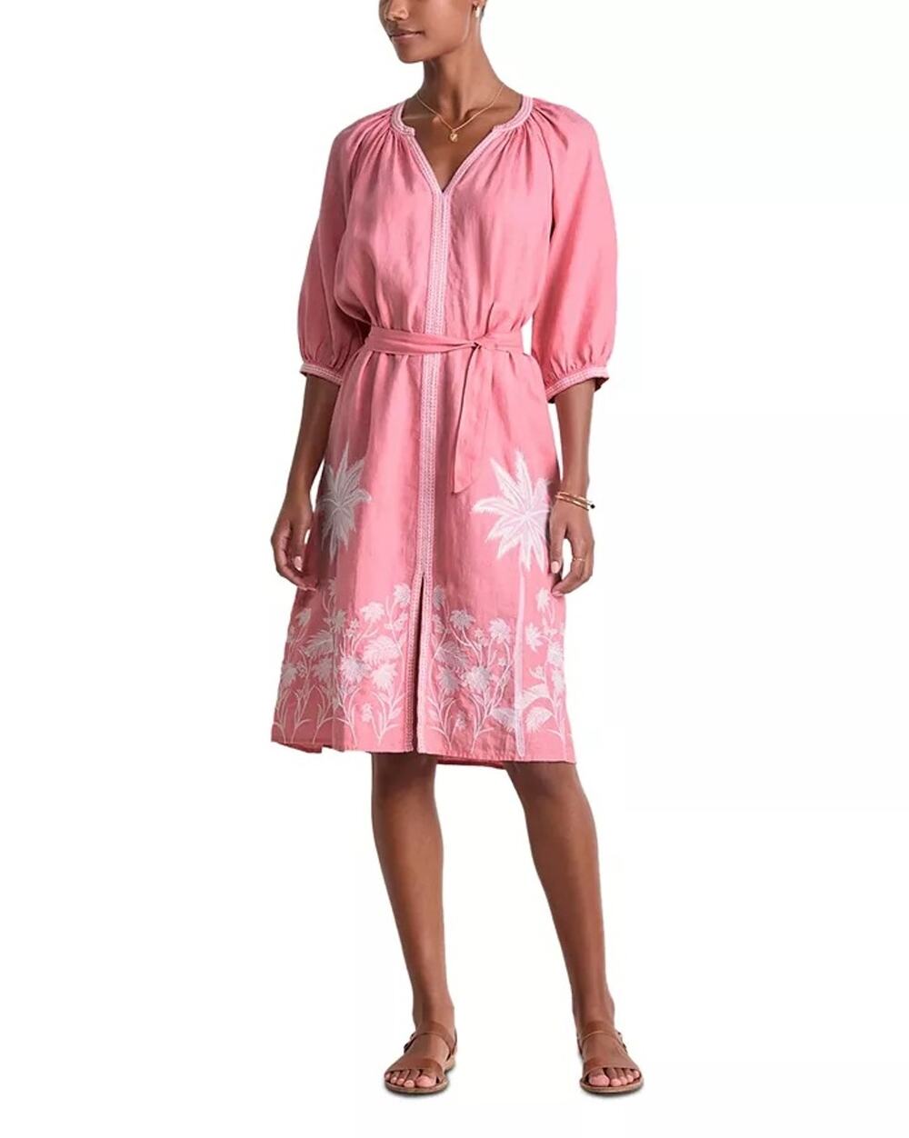 Vineyard Vines Women Linen Pink Embroidered Beachwear Midi Cover-Up Dress Size M